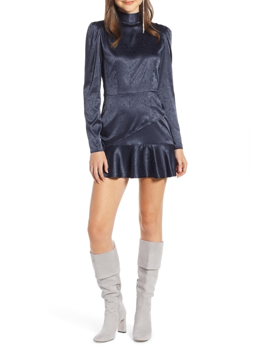 High-Neck Navy Satin Mini Dress with Ruffled Hem